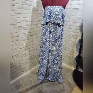 Japna Blue Tie Dye Off The Shoulder Drawstring Waist Maxi Boho Dress Open side L